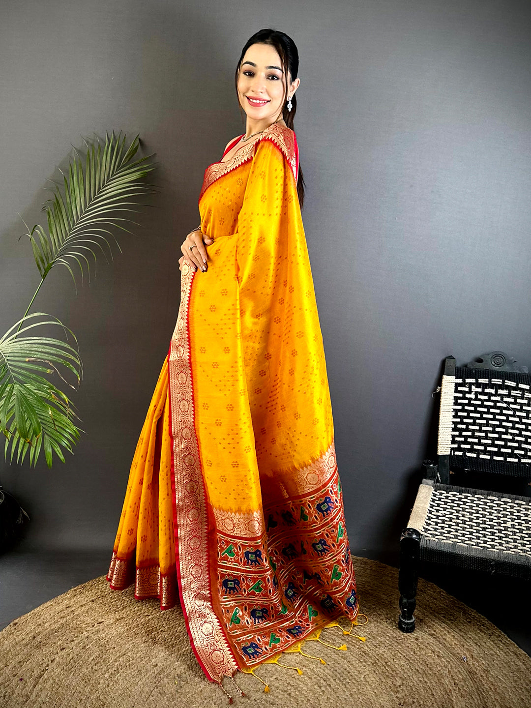 Yellow Bandhej Pochampally Raw Silk Saree