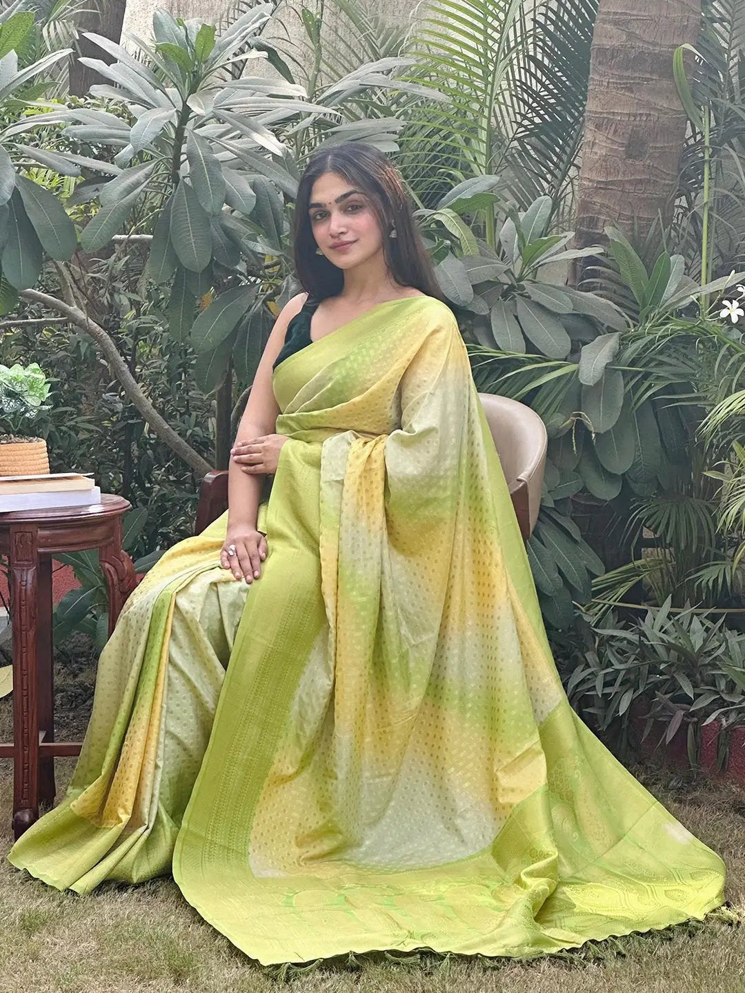 Soft Silk Banarasi Ombre Saree in garden setting