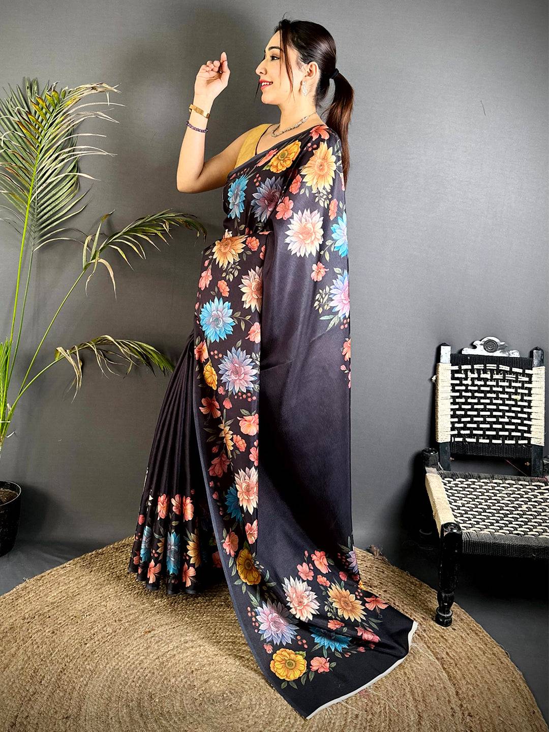 Black Soft Tussar Silk Floral Saree
