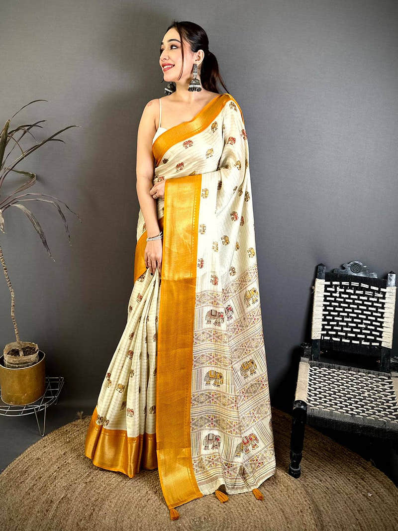 Stylish Ajrakh Block Kalamkari Dola Saree