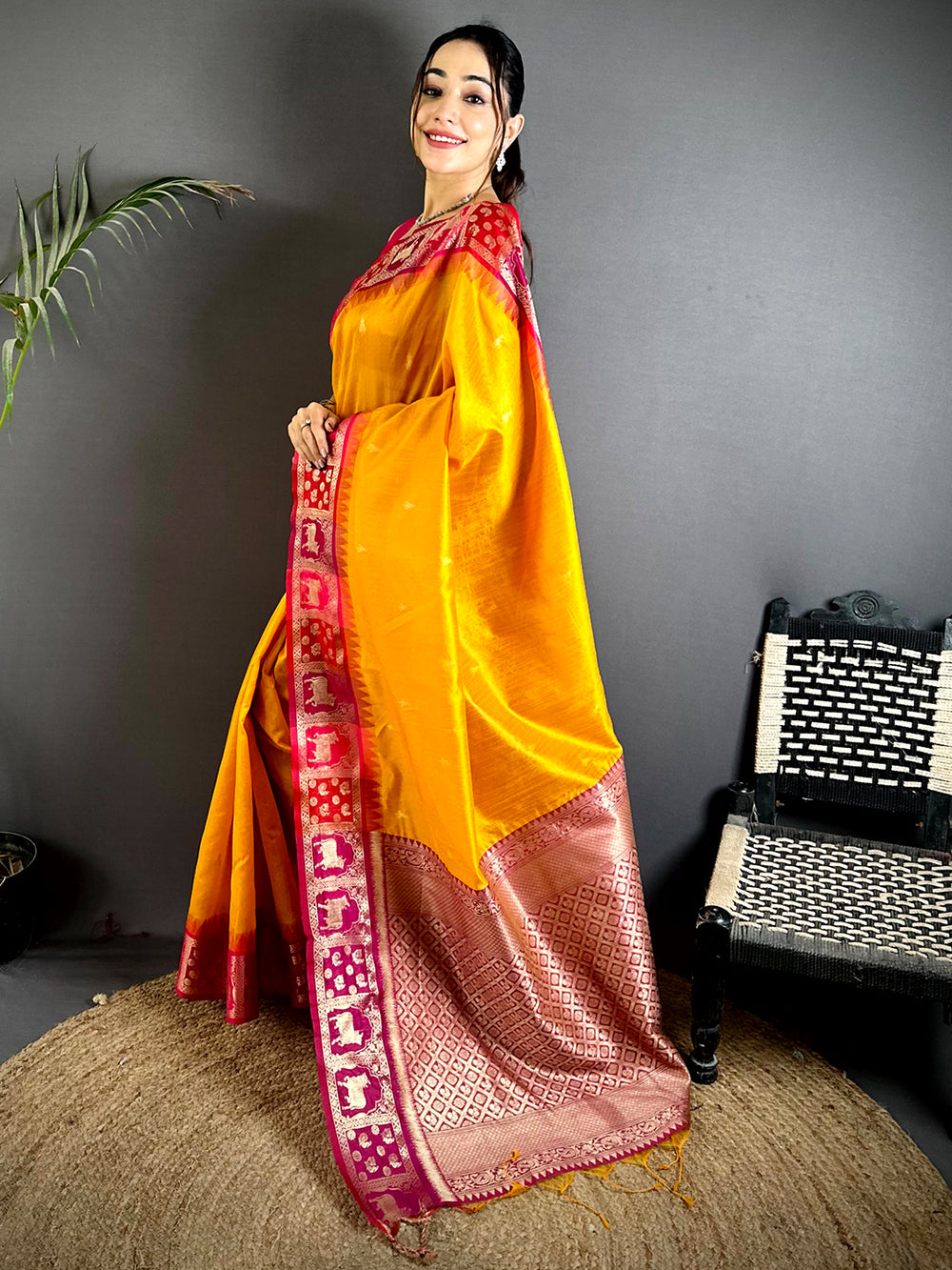 Yellow Minakari Kanchi Pattu Raw Silk Saree
