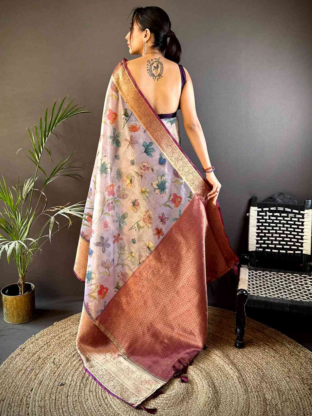 Lavender Floral Gold Zari Tissue Saree