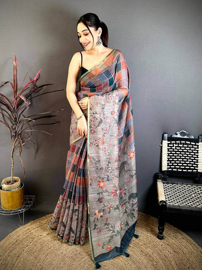 Stylish Multicolour Block Print Linen Saree