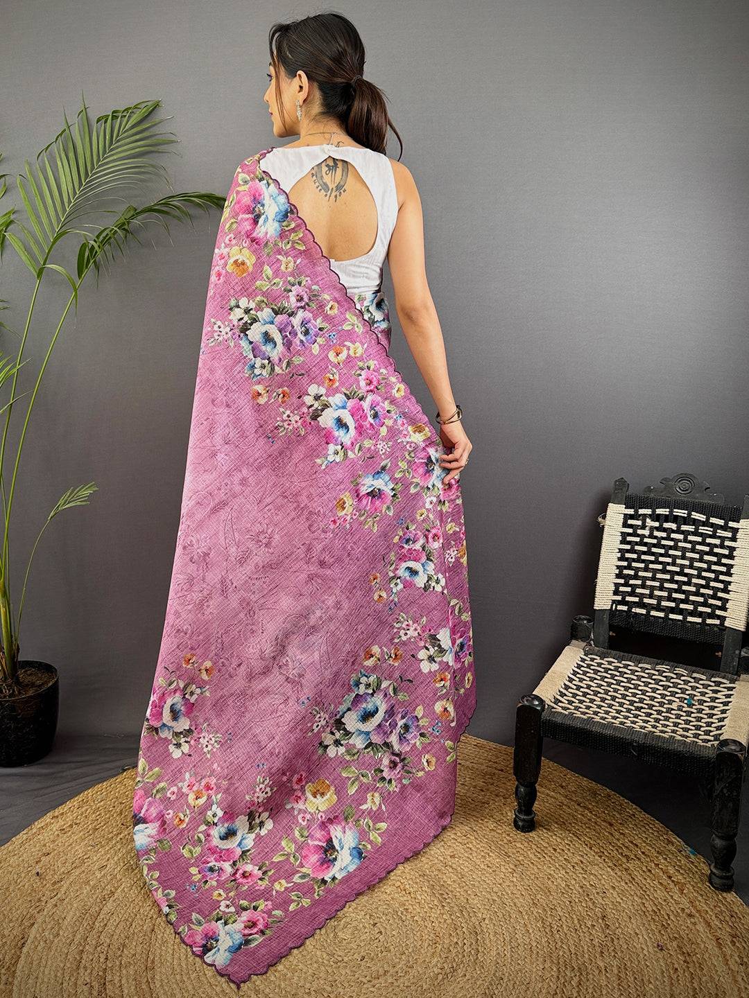 Dusty Rose Floral Cut Work Kota Saree