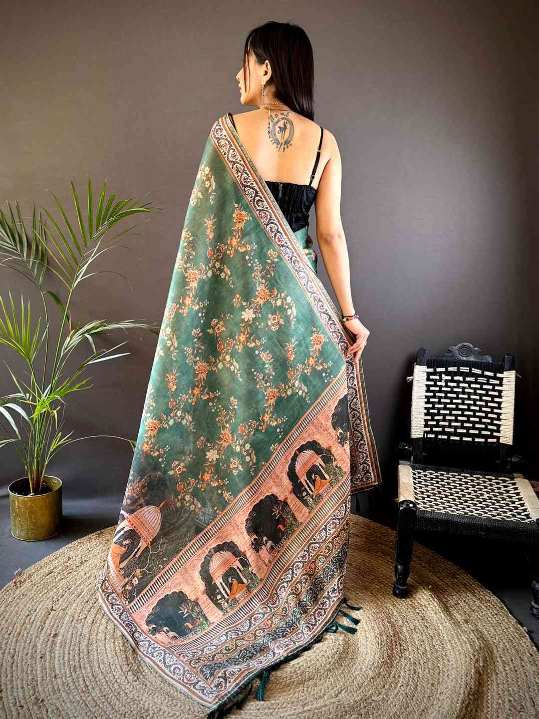 Bottle Green Tissue Chanderi Kalamkari Handprint Saree