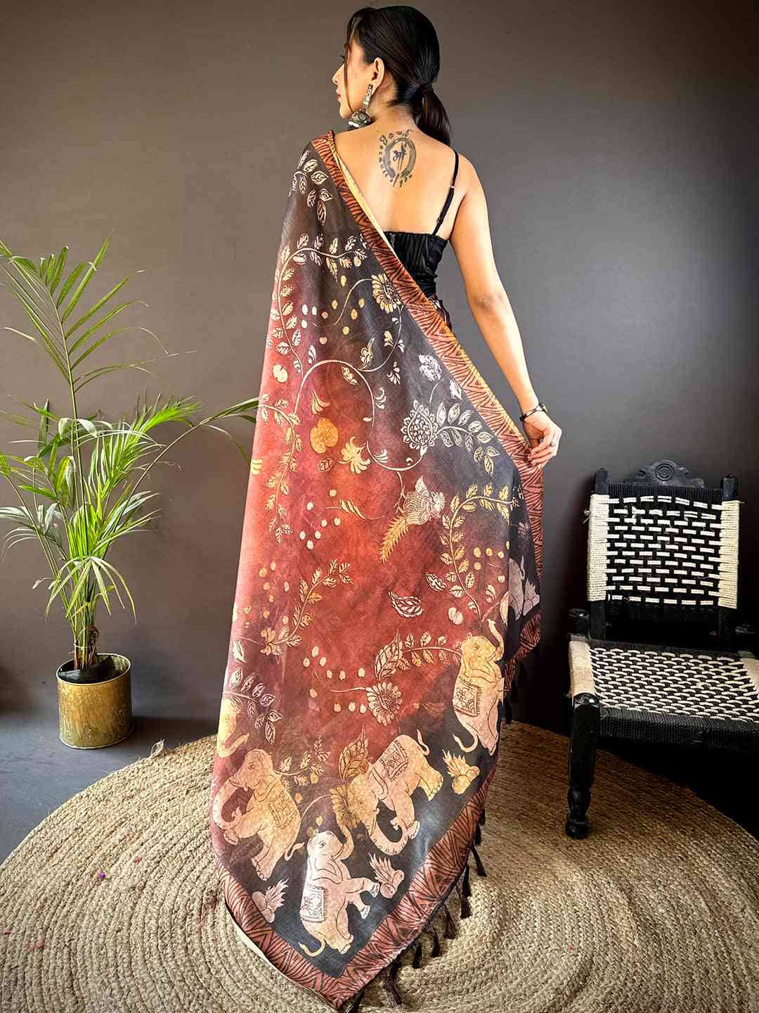 Red Kalamkari Block Print Chanderi Saree