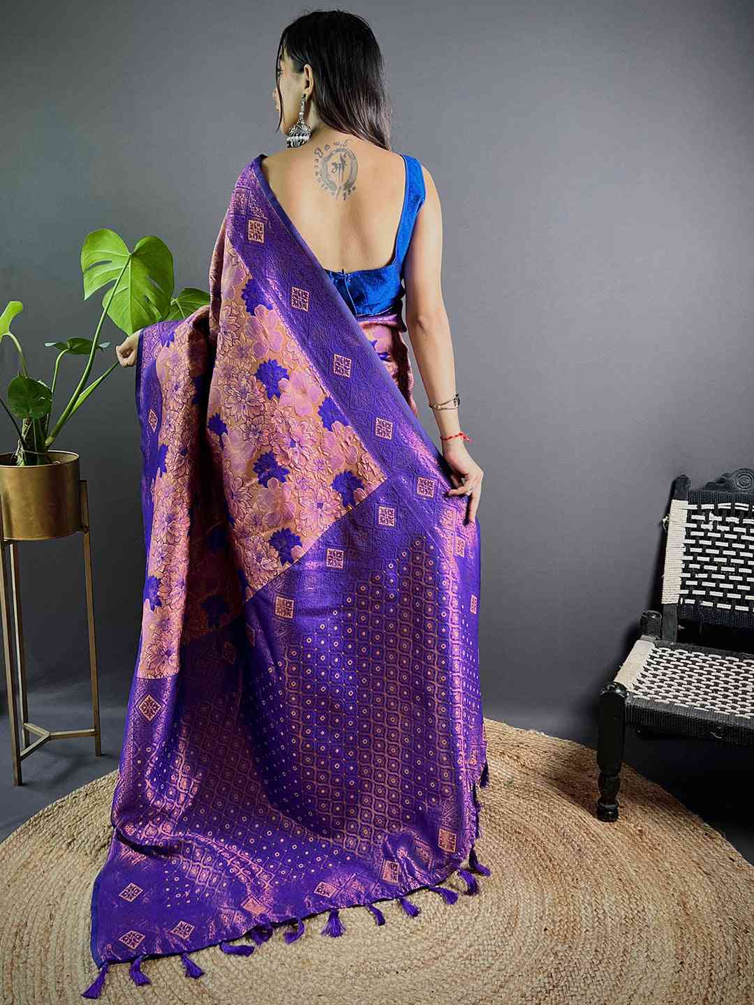 Back view of violet soft silk butta weaving saree.