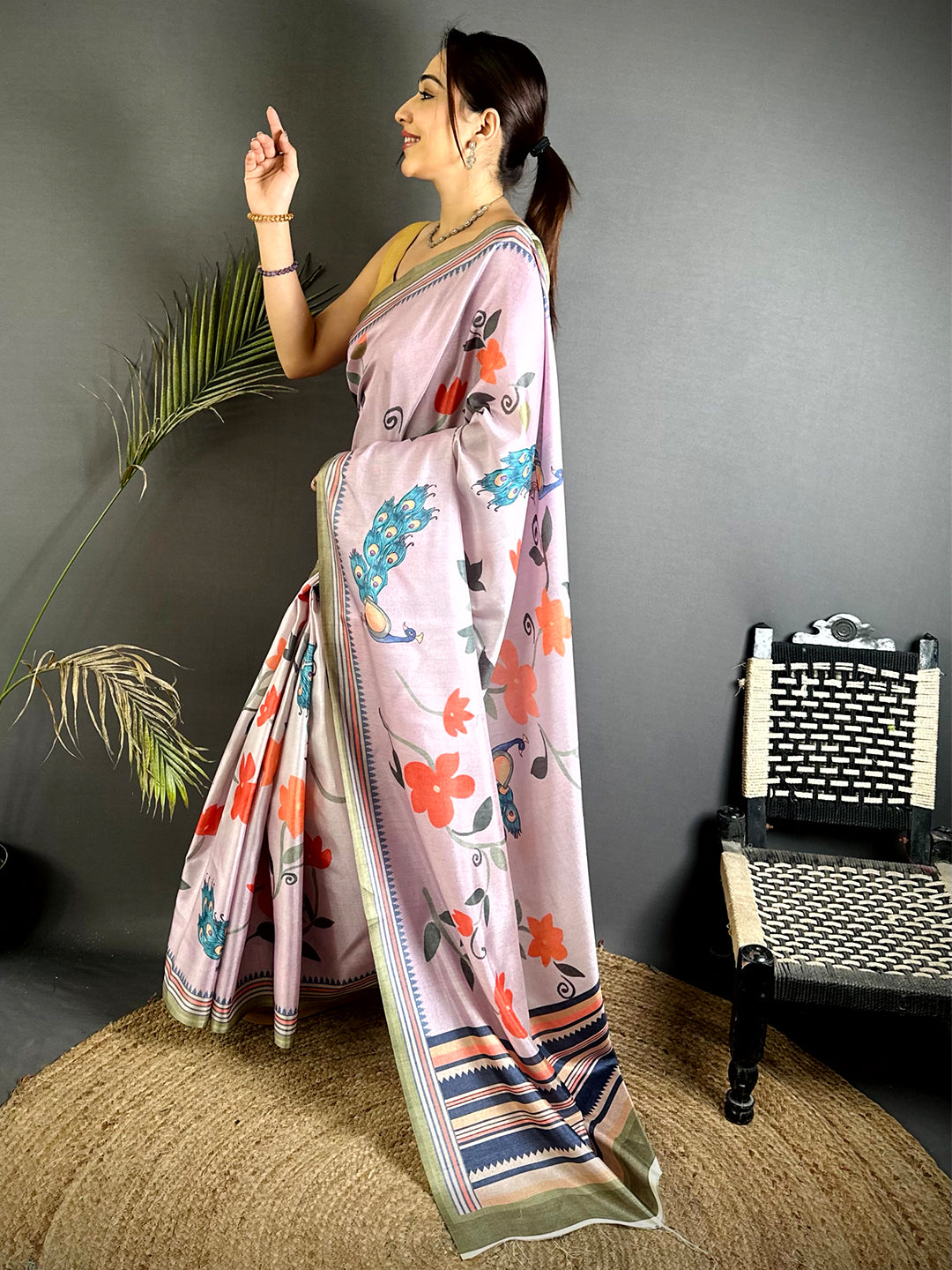 Lavender Floral Tussar Ikkat Border Saree