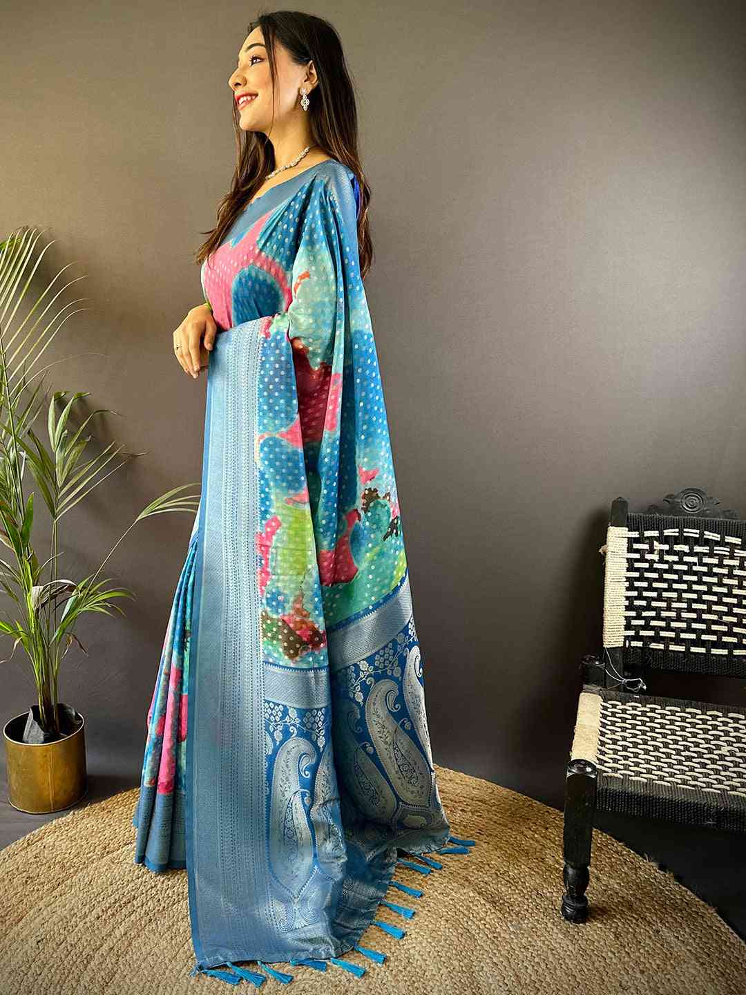 Dark Blue Banarasi Ombre Print Saree