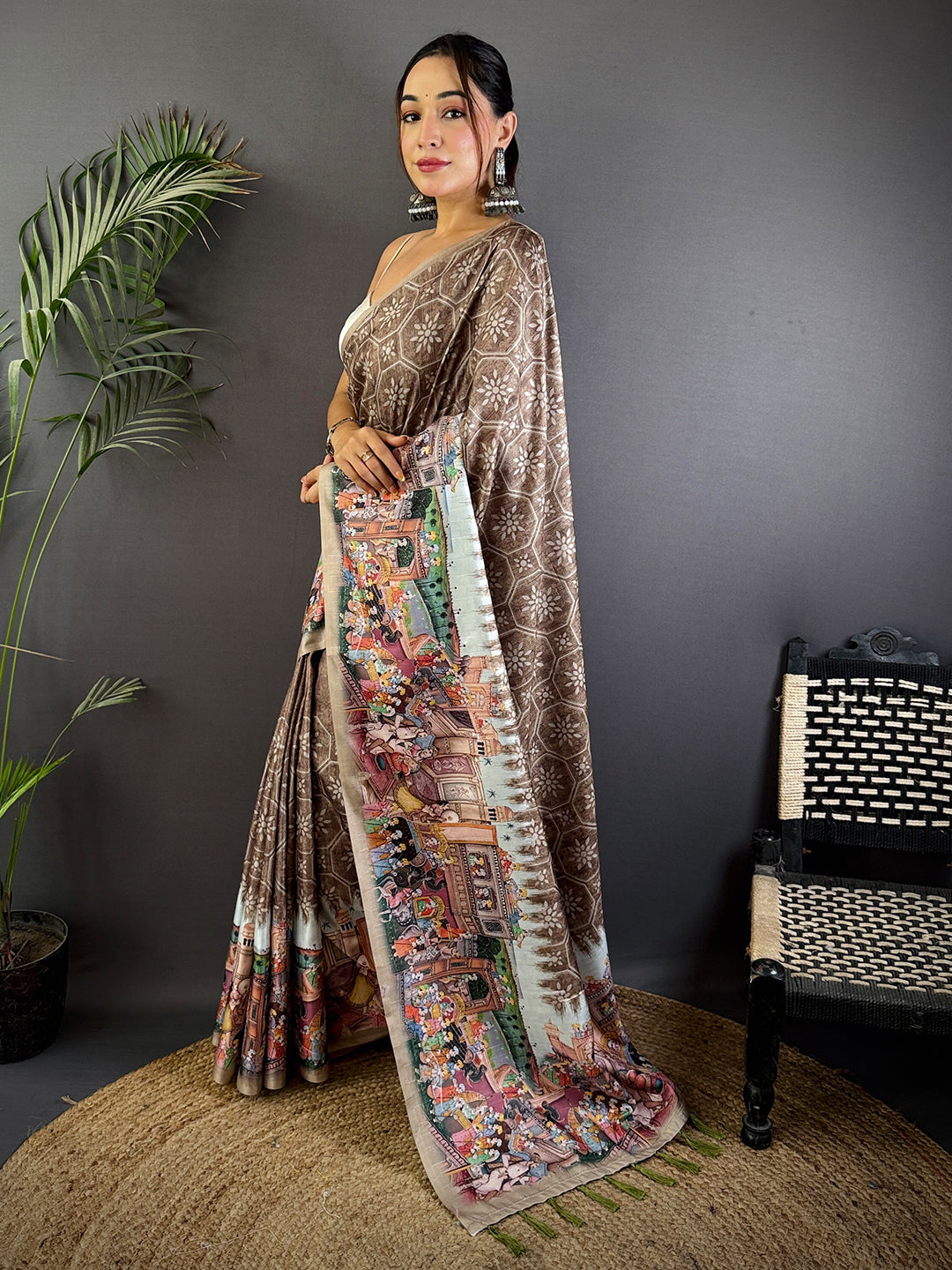 Taupe Kalamkari Digital Printed Saree