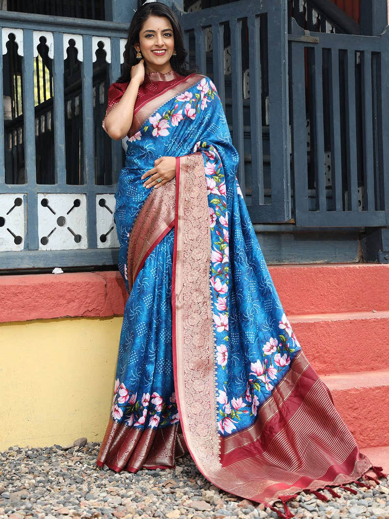 Royal Blue Viscose Dola Silk Saree With Floral Print Border - Luxe