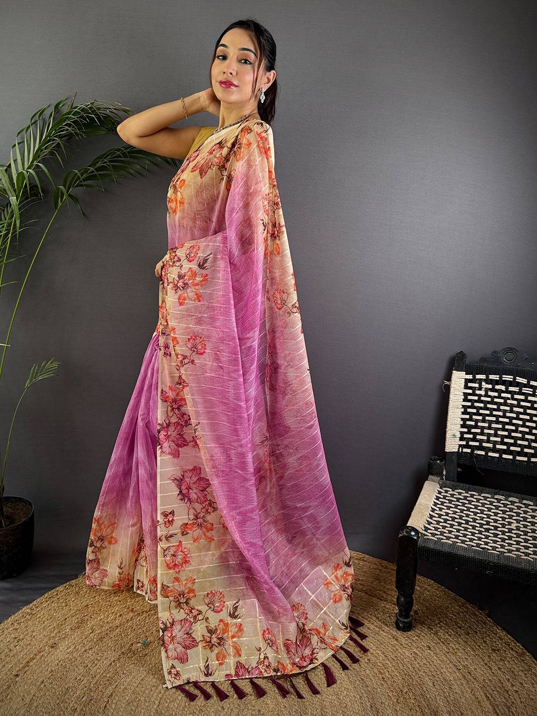 Rose Pink Soft Organza Digital Floral Saree
