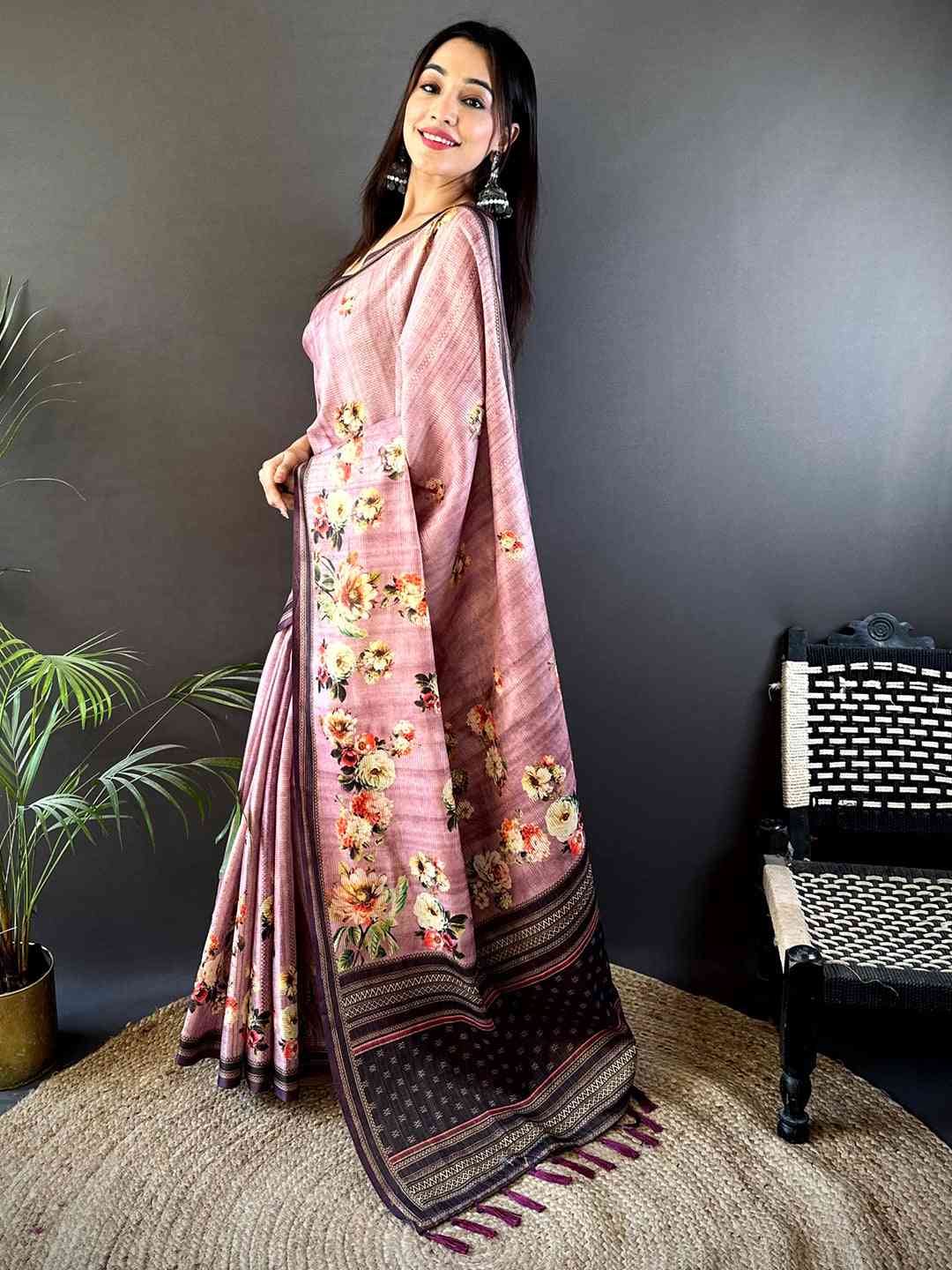 Floral Beauty in Mauve Tussar Zari Saree