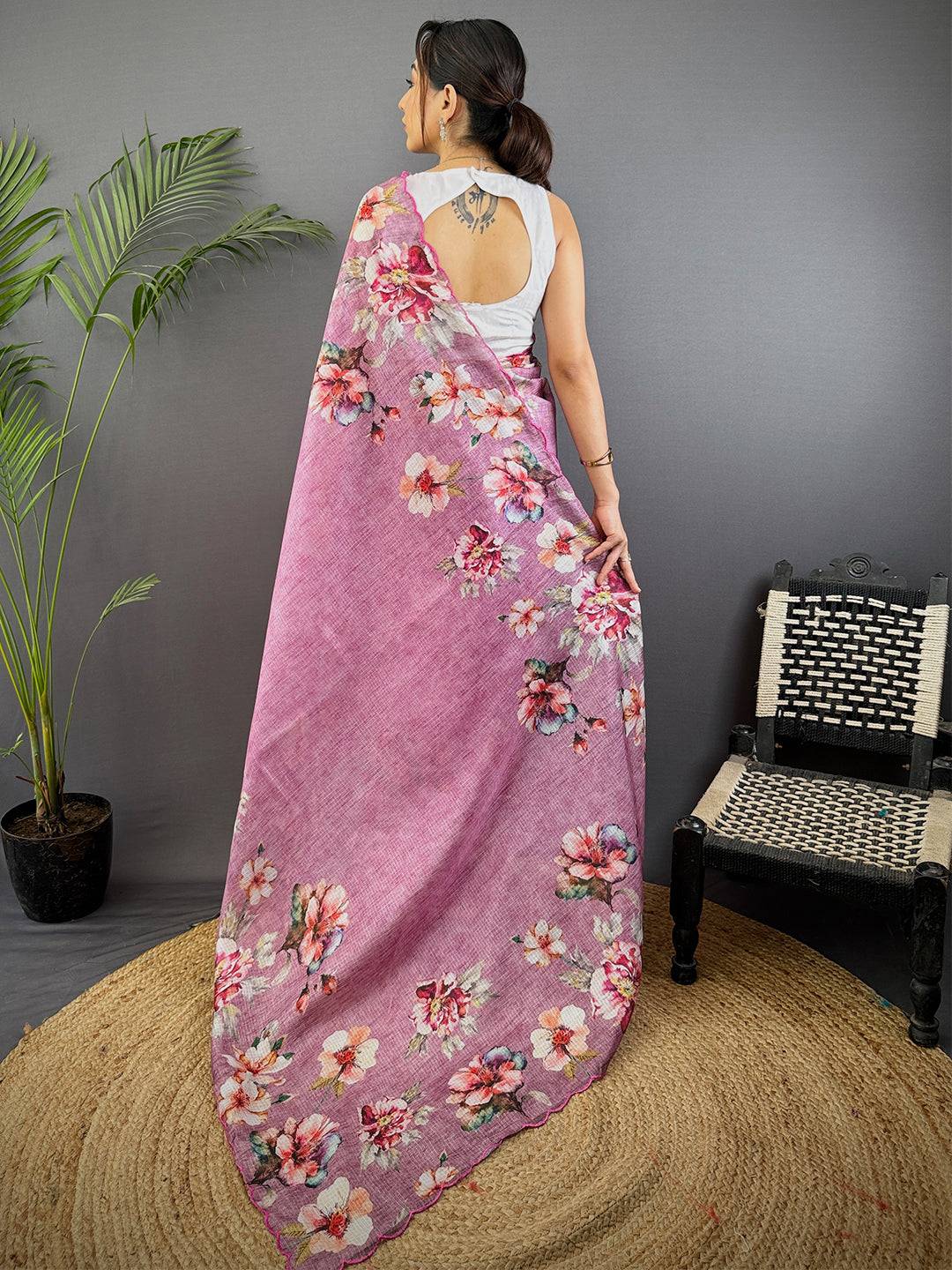 Mauve Pink Kota Floral Digital Cut Work Saree