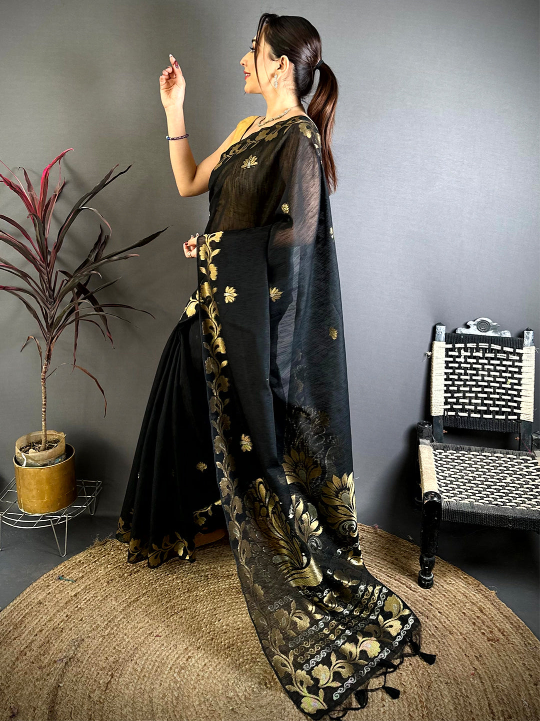 Black Peacock Zari Munga Saree