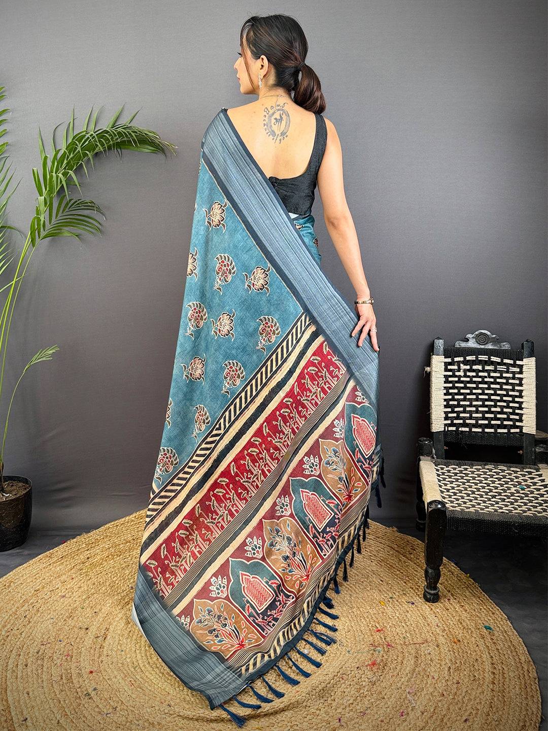 Teal Linen Block Kalamkari Print Saree