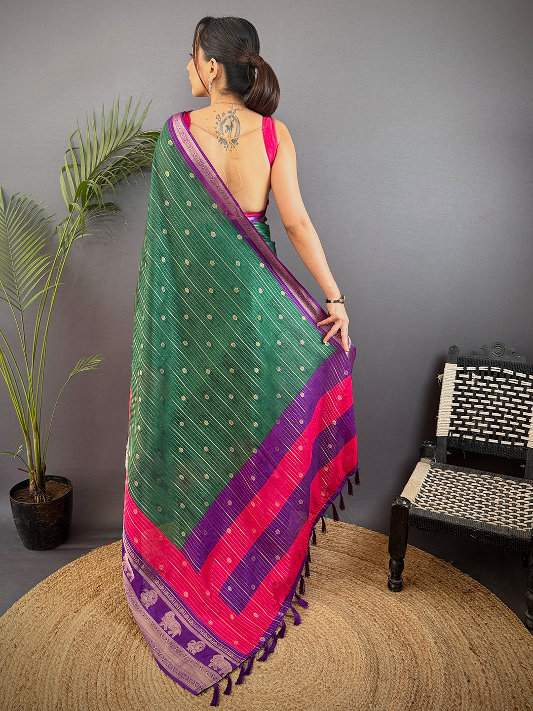 Green Soft Dola Silk Striped Print Saree