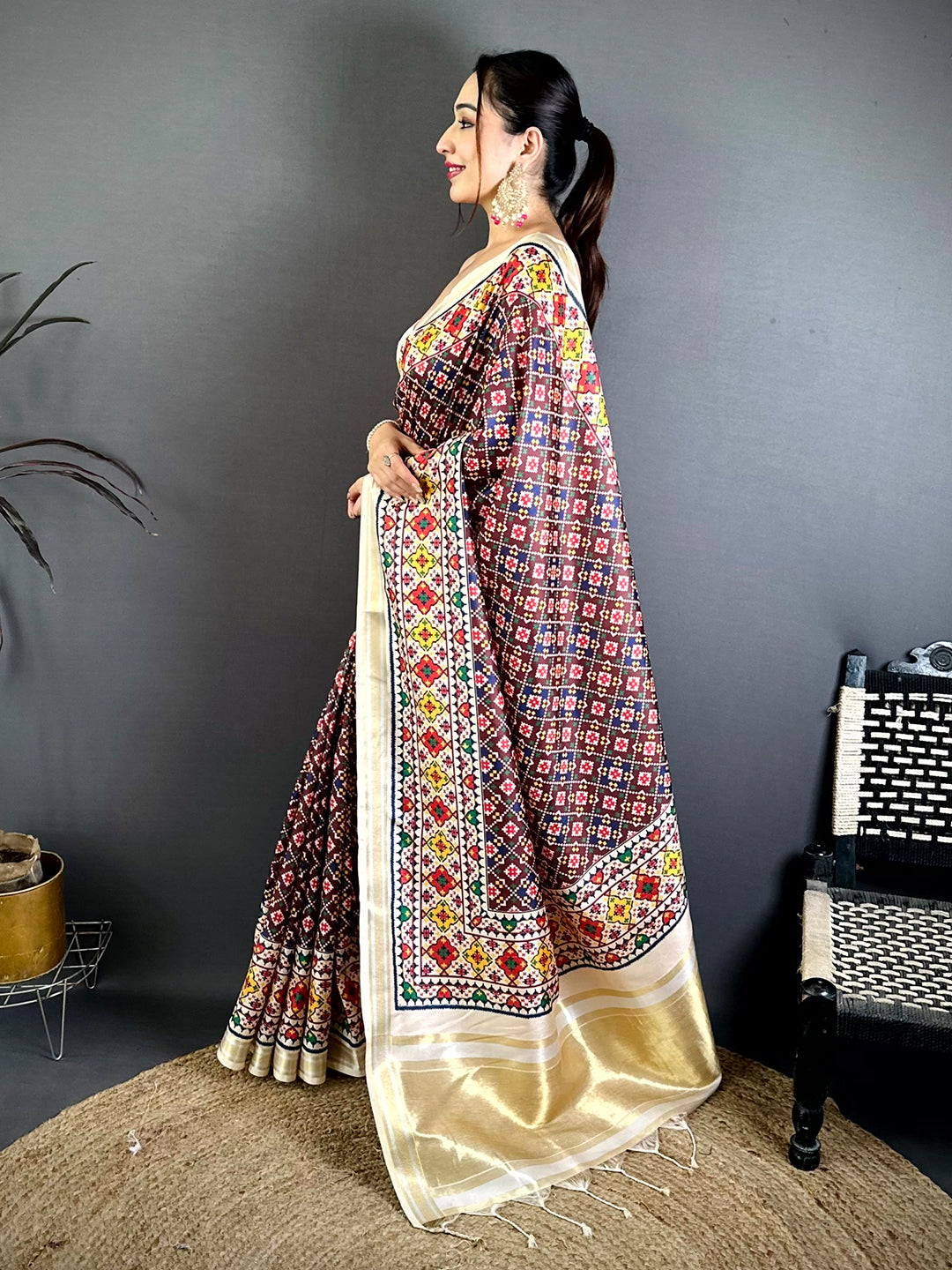 Maroon Ethnic Digital Ikkat Kanchi Saree