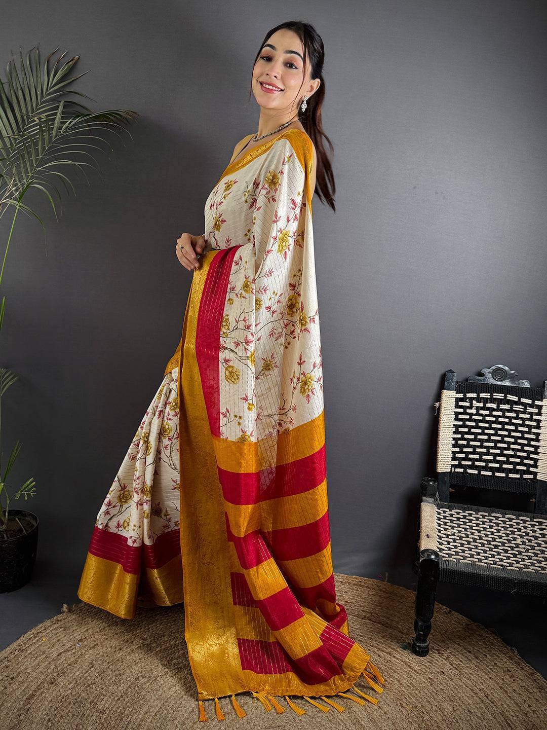 Yellow Soft Dola Silk Zari Katha Saree