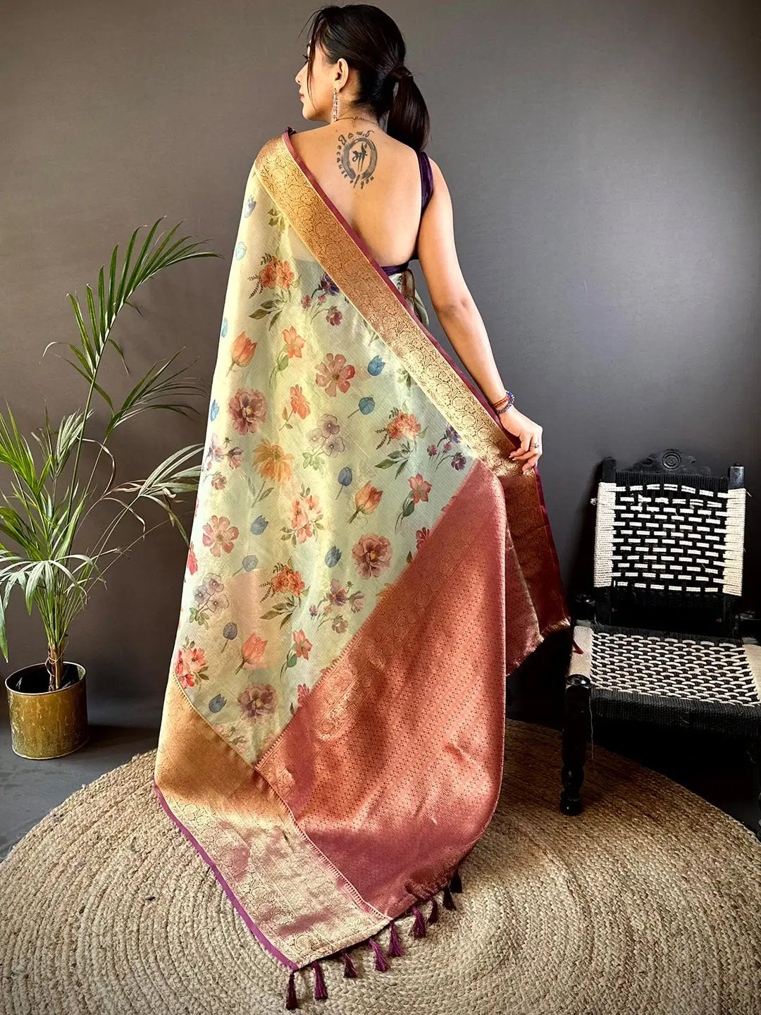Jade Green Floral Gold Zari Tissue Saree
