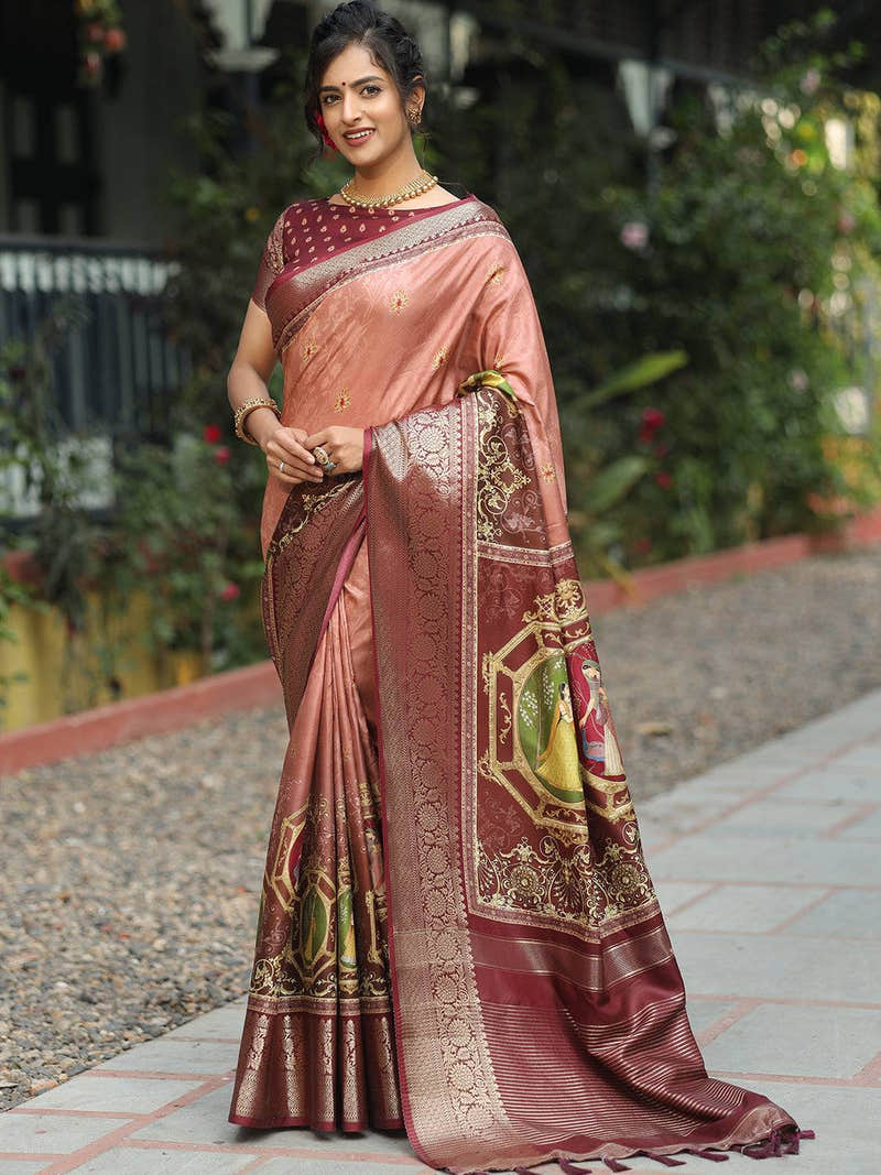 Viscose Dola Silk Saree With Zari Weaving Pallu In Peach Colour - Luxe