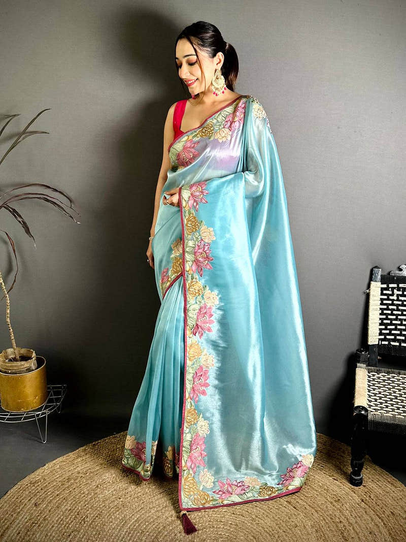 Sky Blue Silky Tissue Resham Border Saree