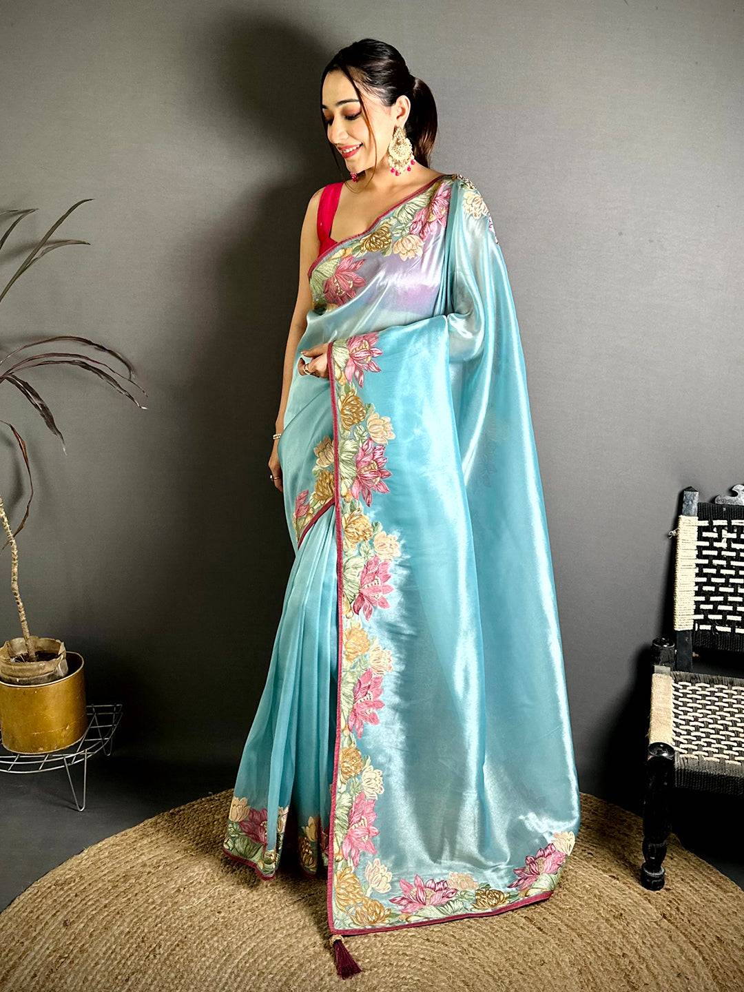 Sky Blue Silky Tissue Resham Border Saree