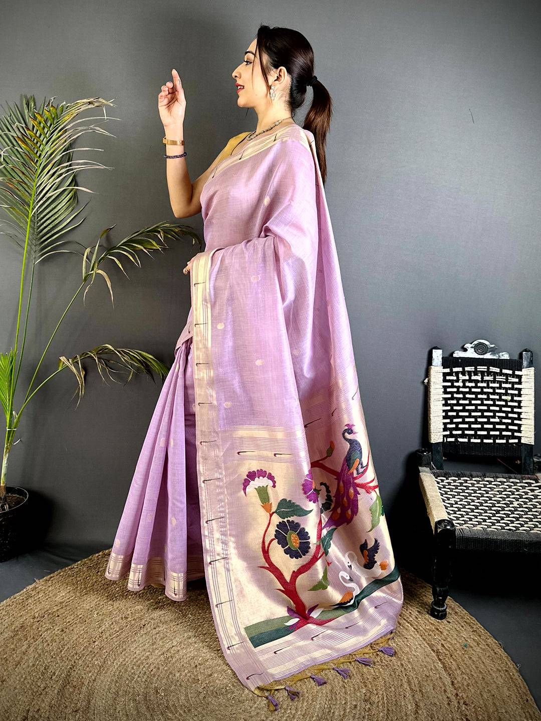 Lavender Minakari Grace Khadi Linen Saree