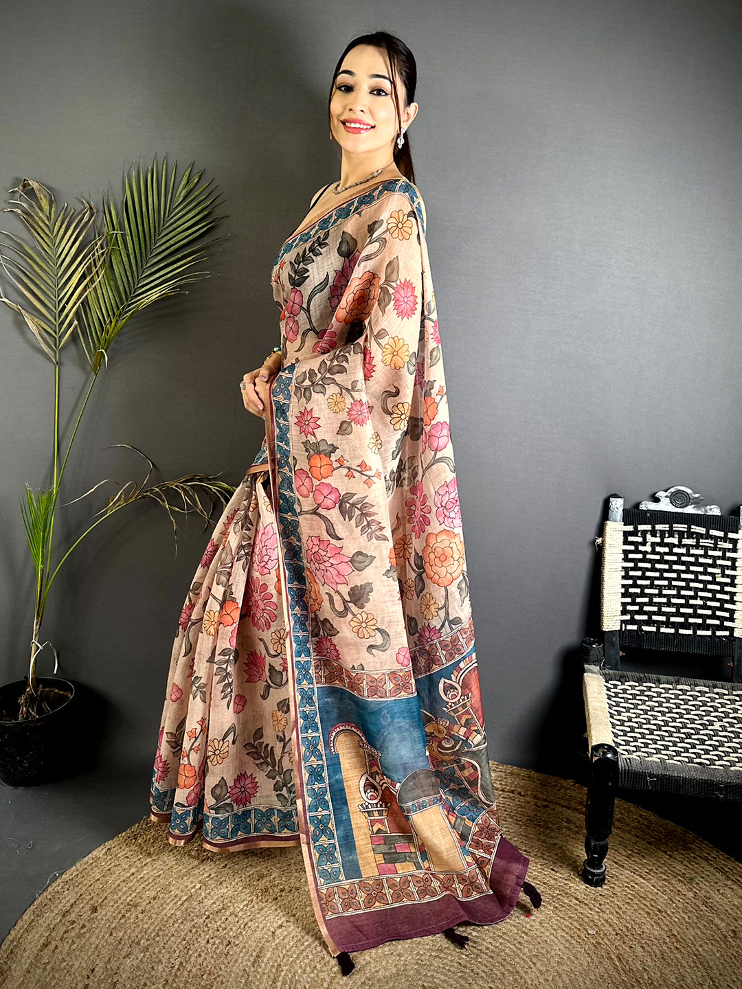 Opulent Floral Kalamkari Soft Linen Saree