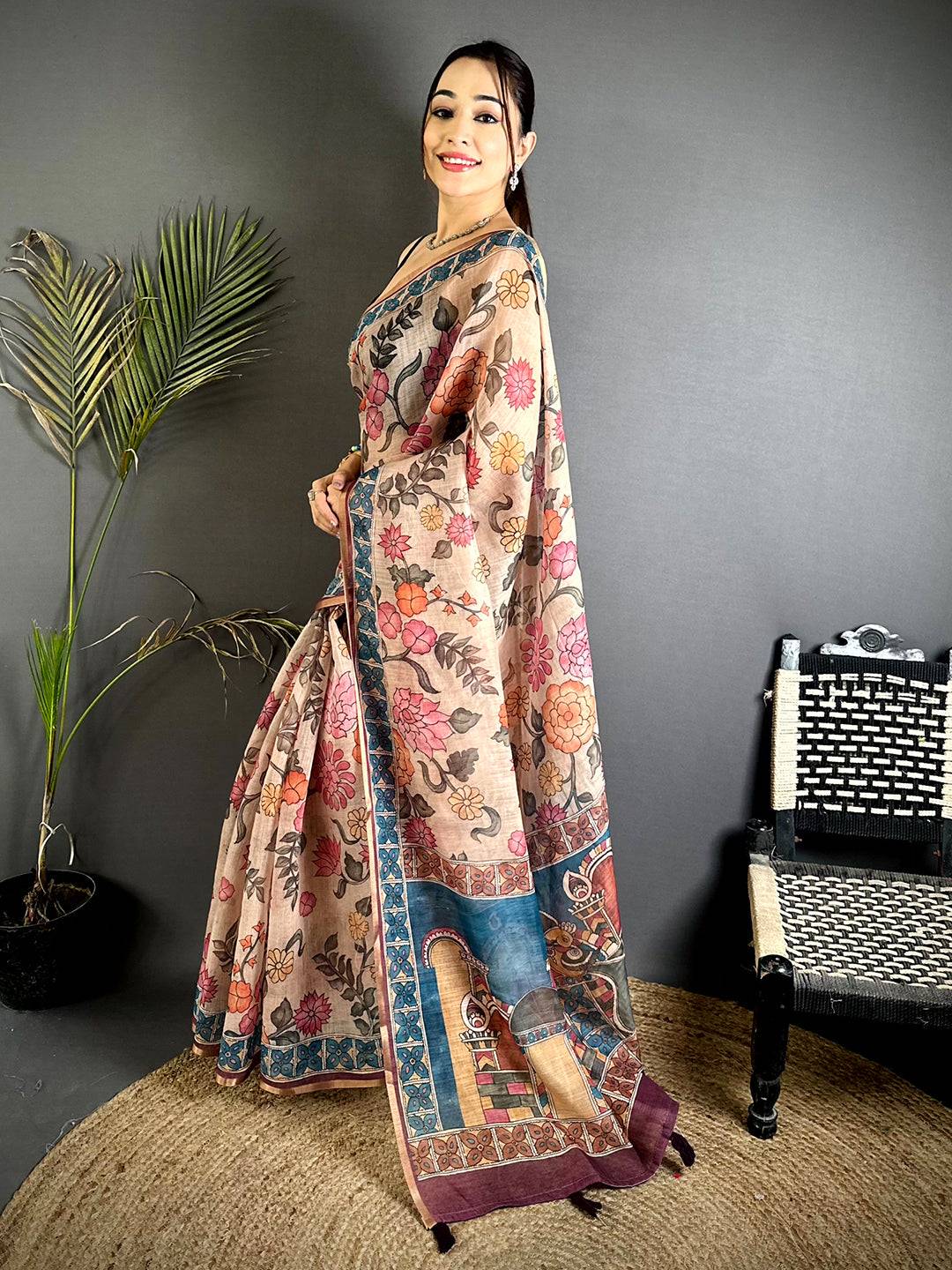 Opulent Floral Kalamkari Soft Linen Saree
