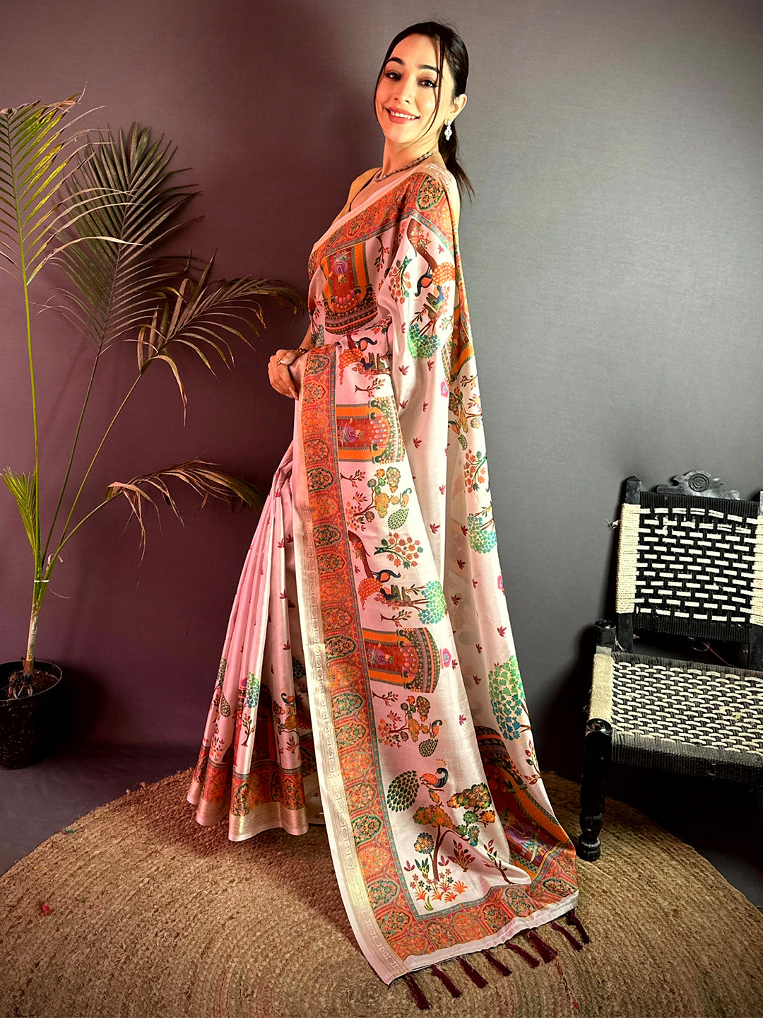 Off White Kashmiri Kalamkari Soft Silk Saree