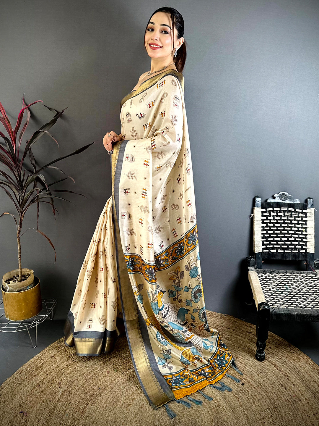 Black Soft Dola Silk Warli Print Saree