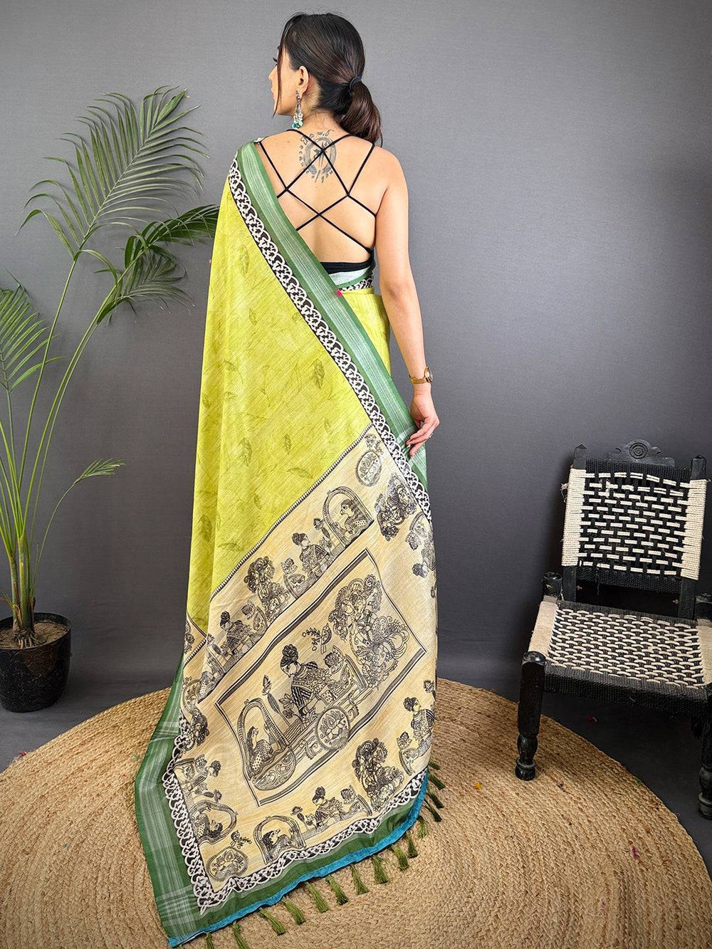 Olive Linen Kalamkari Printed Saree