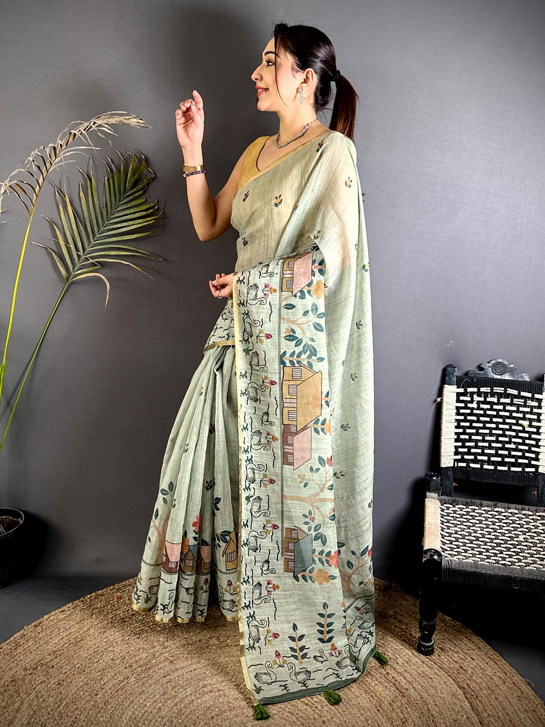 Pista Kalamkari Madhubani Print Saree