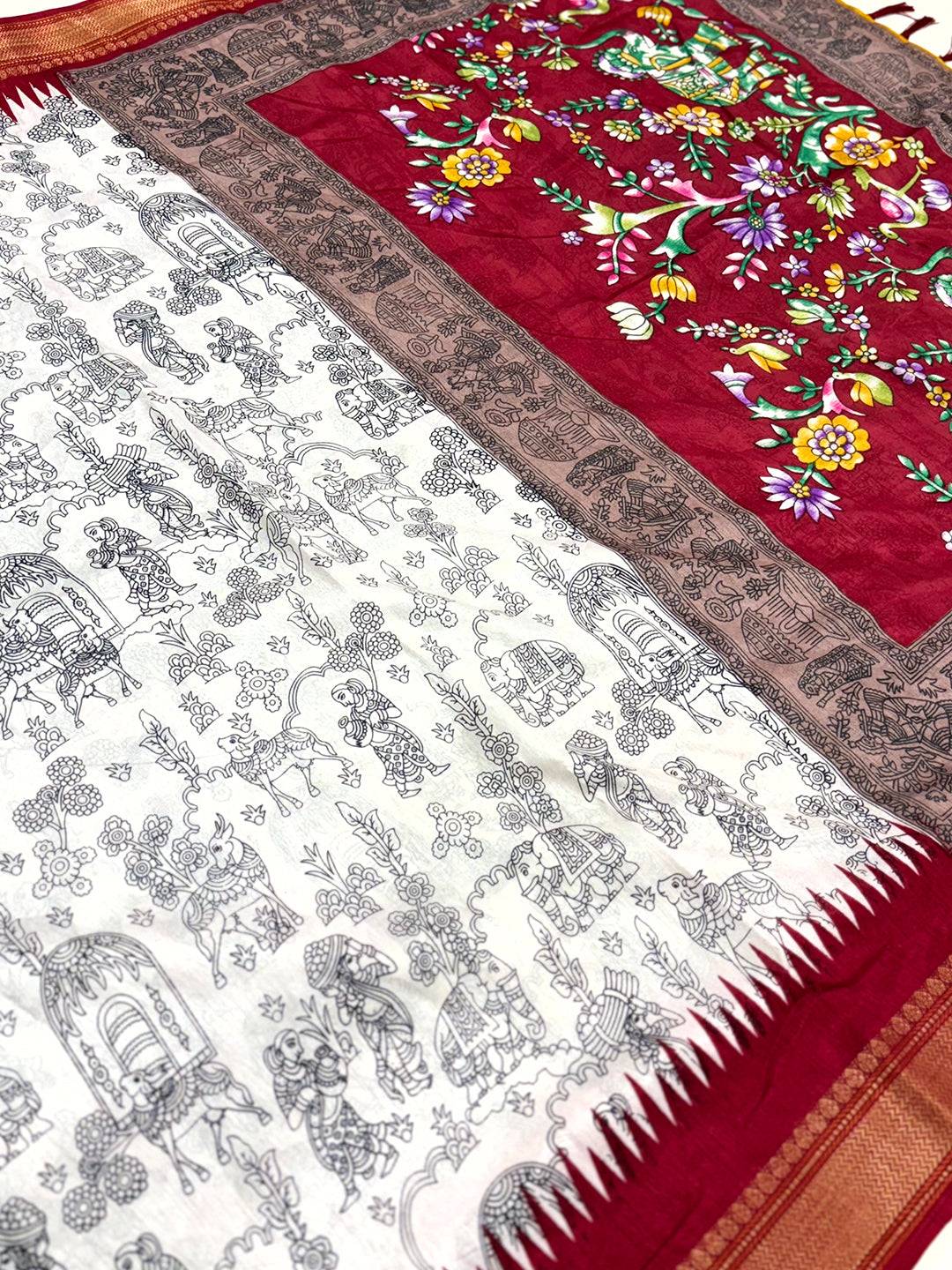 Elegant Pen Kalamkari Dola Silk Saree