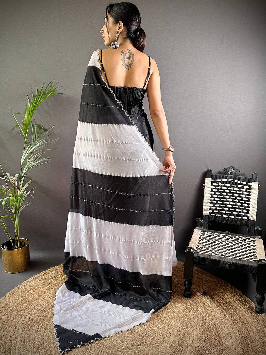 Black And White Poly Chiffon Swaroki Work Saree