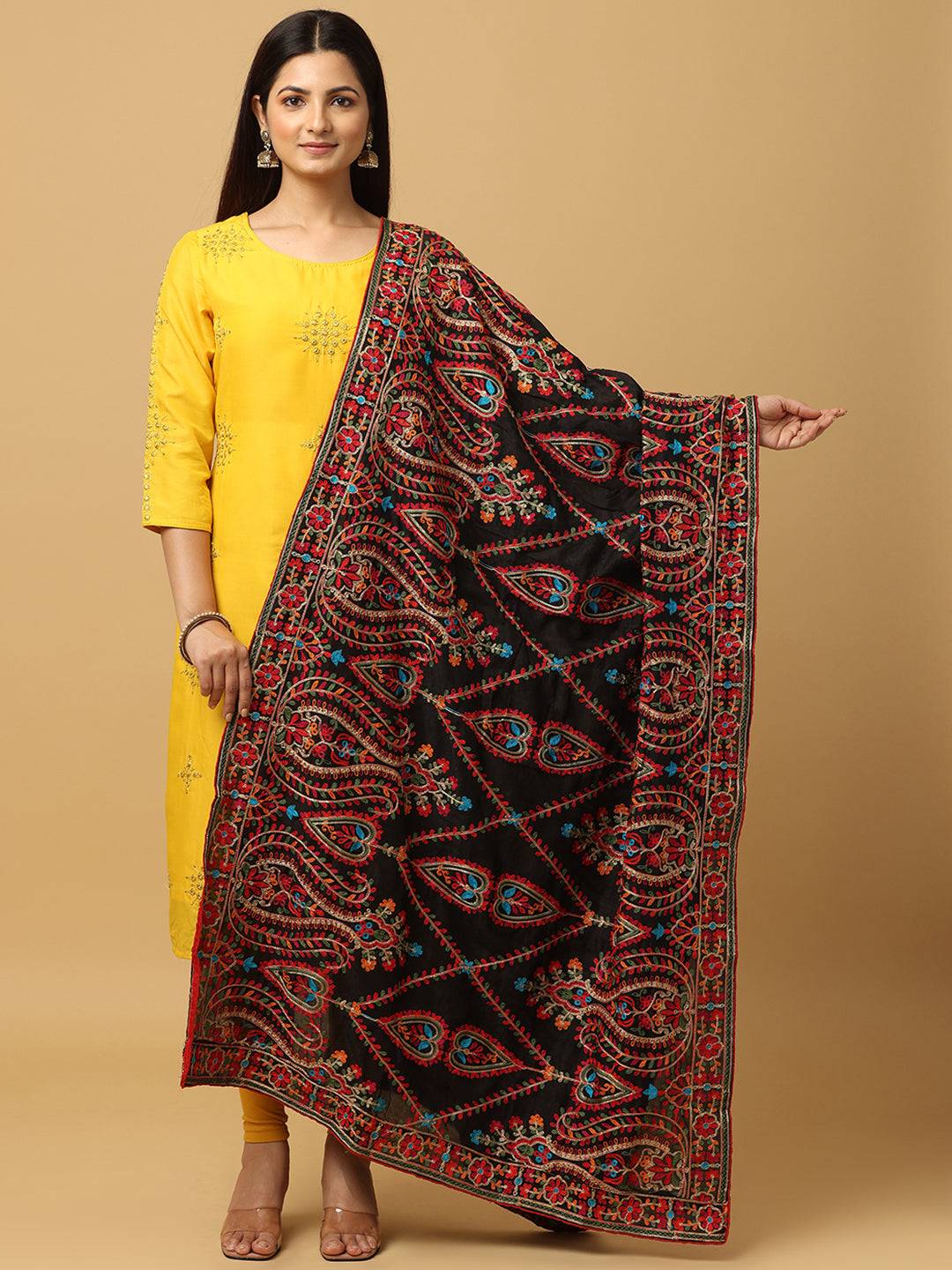 Black poly chiffon pashmina dupatta with threadwork