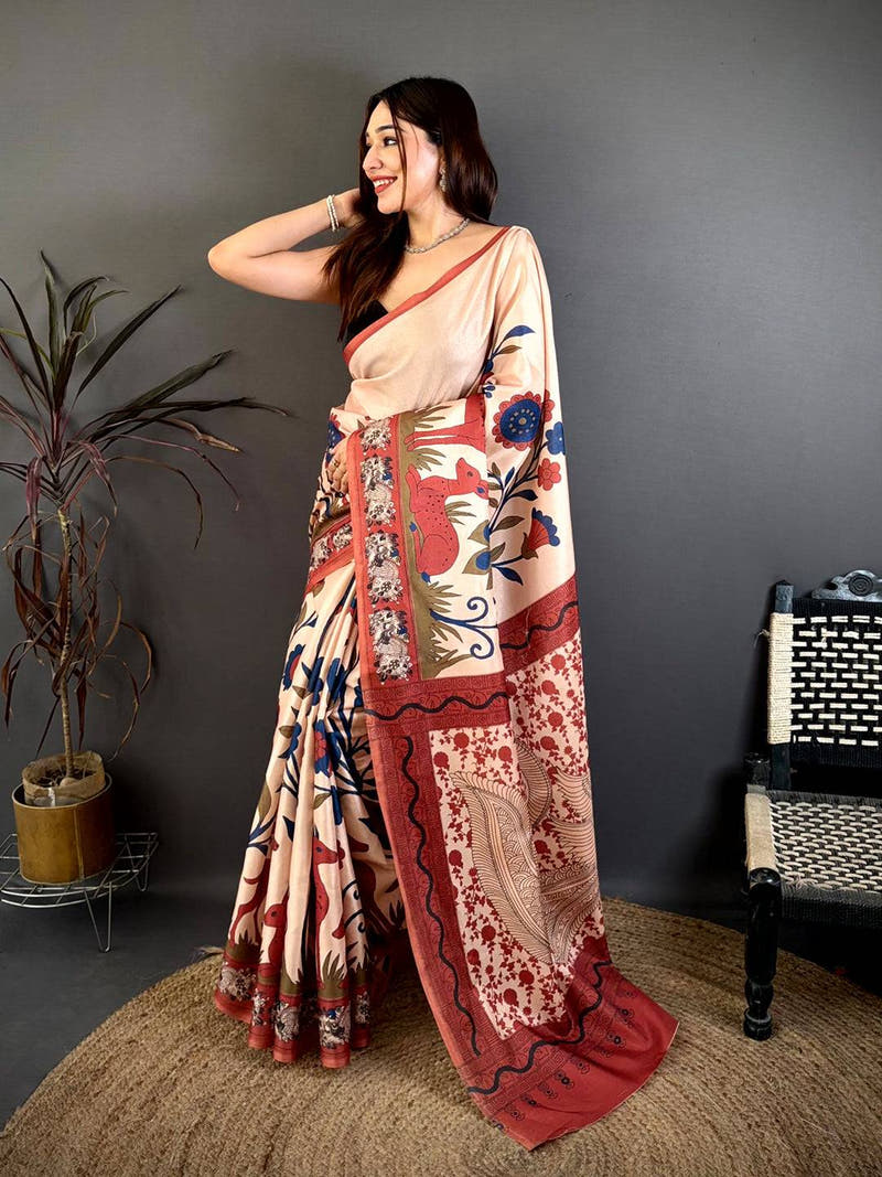 Stylish Cream Printed Soft Tussar Saree