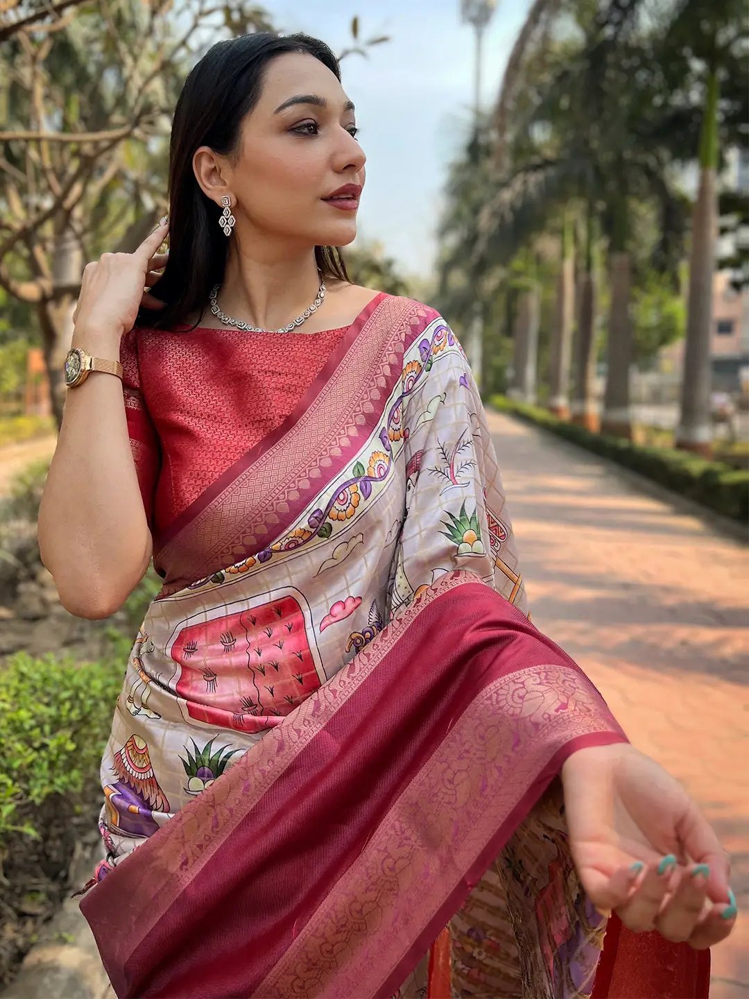 Model showcasing Banarasi Silk Saree with detailed border design