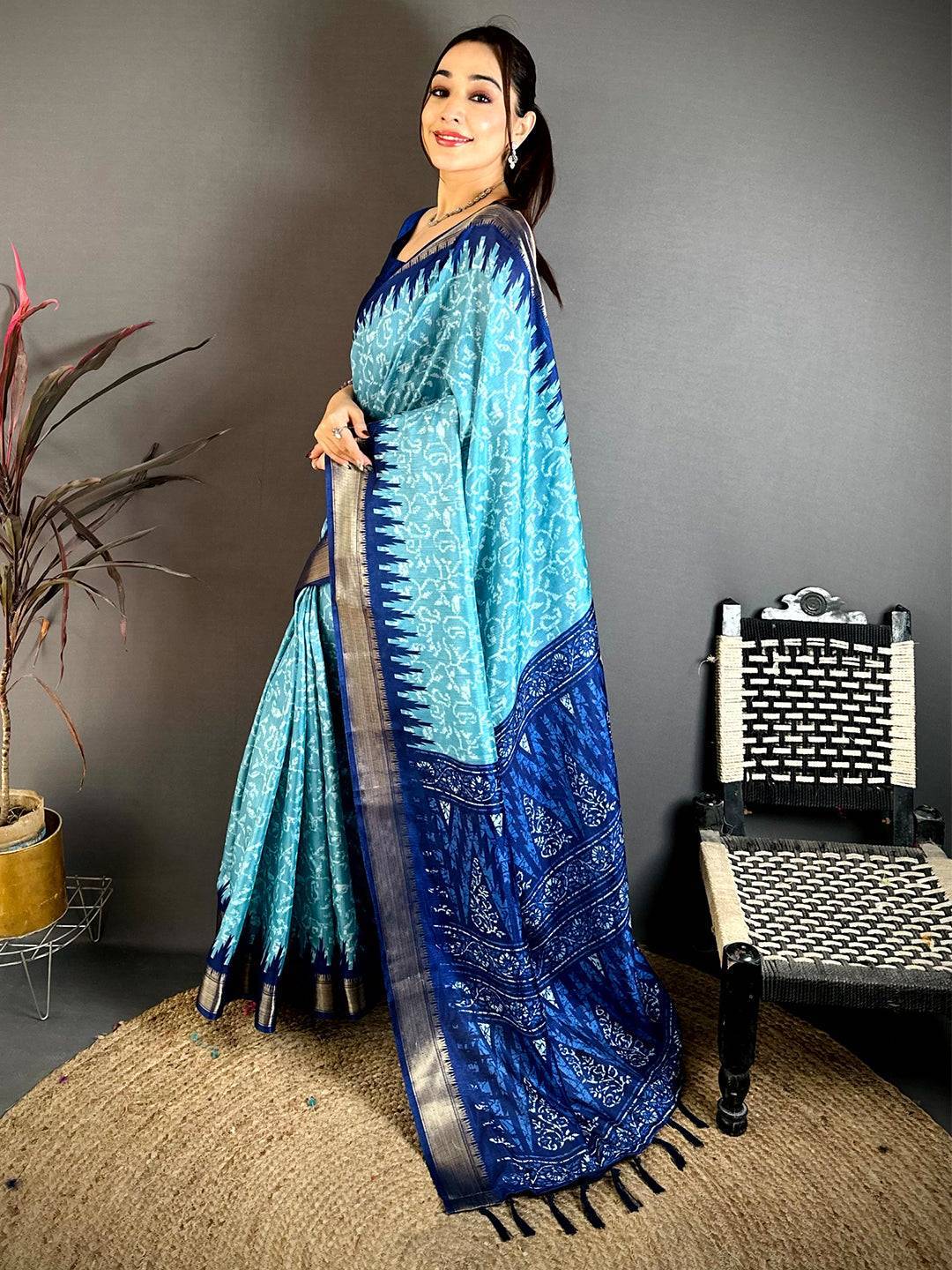 Sky Blue Pearl Ikkat Dola Silk Saree