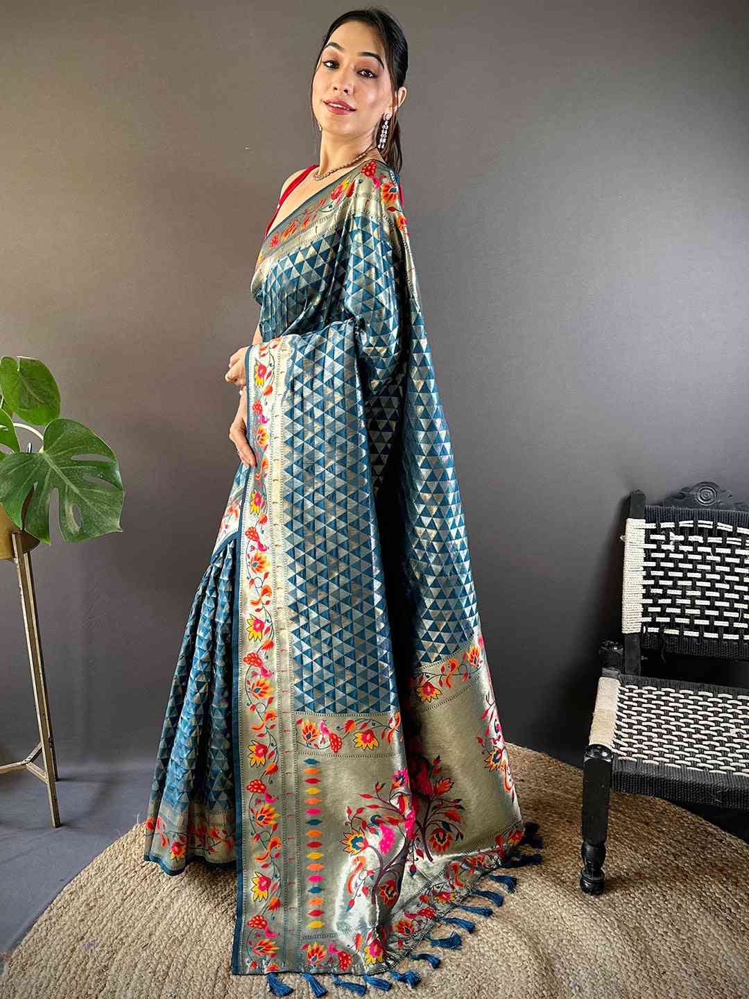 Elegant denim silk blend Paithani saree with woven zari design