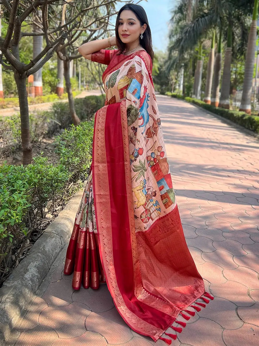 Traditional red Banarasi saree with artistic motifs