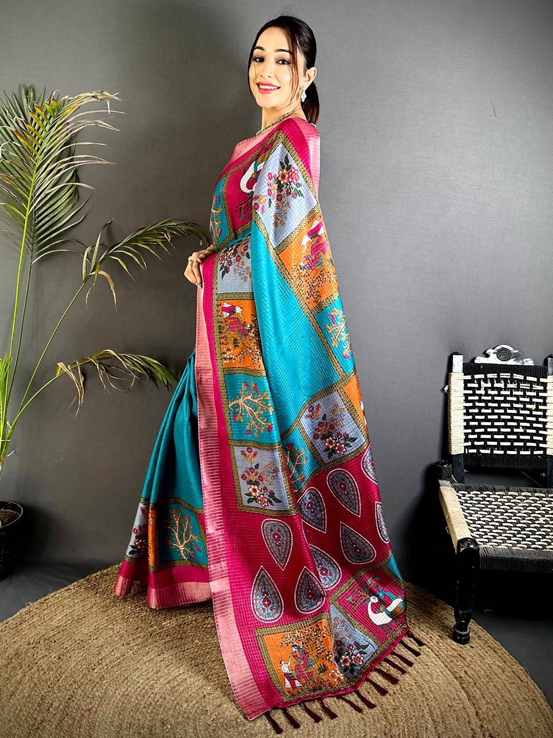Rama Tussar Kalalmkari Print Saree