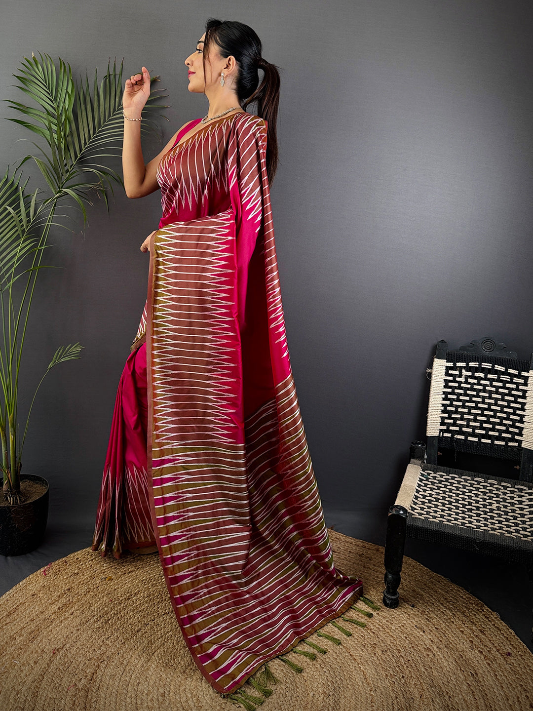 Peach Soft Silk Ikkat Zari Weaving Saree