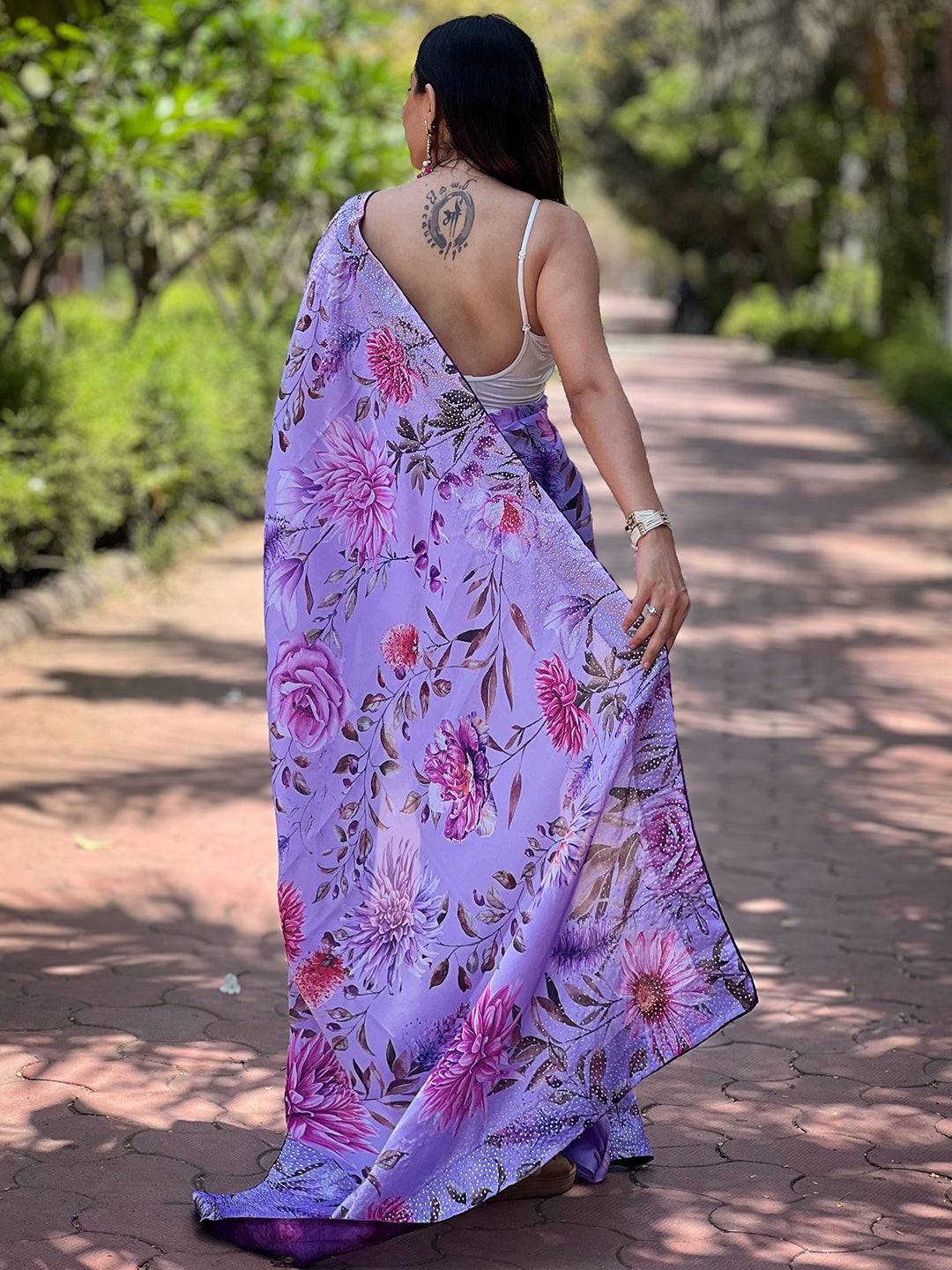 Back view of lavender floral satin georgette saree