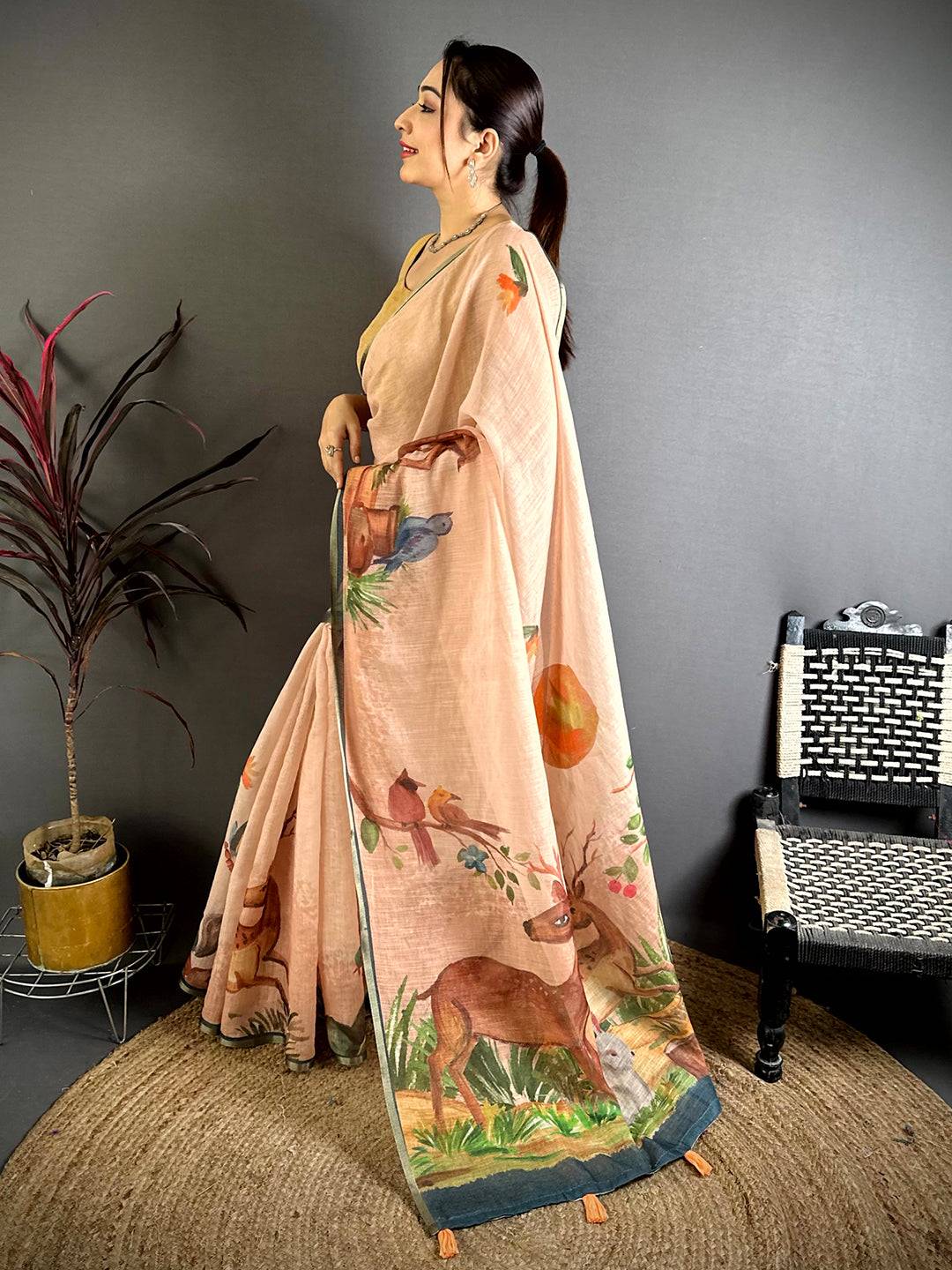 Peach Animal Print Linen Chanderi Saree