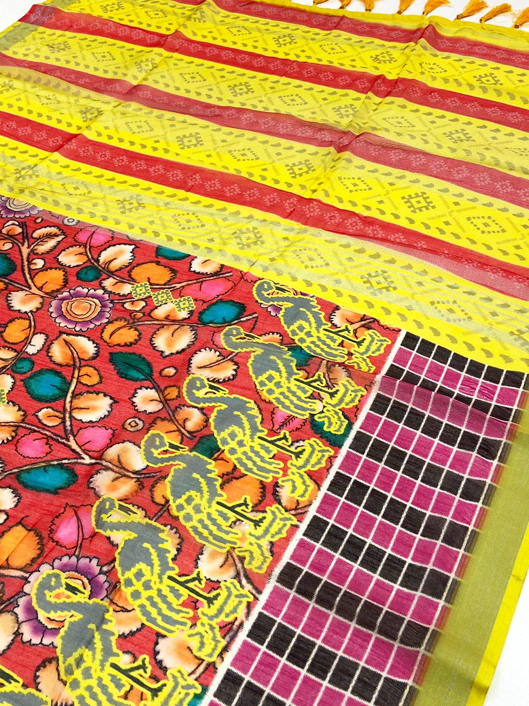 Red Linen Floral Kalamkari Print Saree