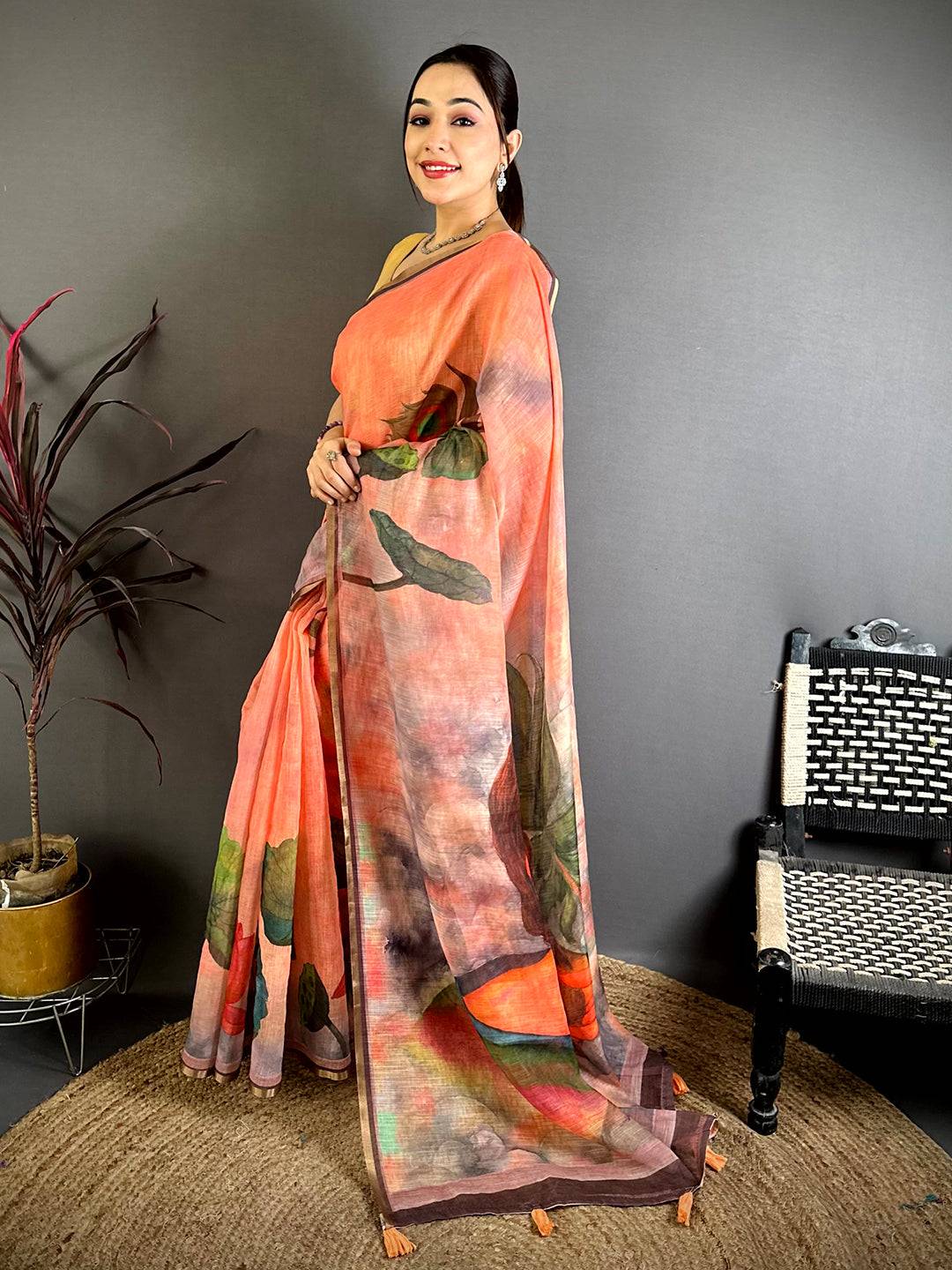 Peach Pen Kalamkari Linen Saree