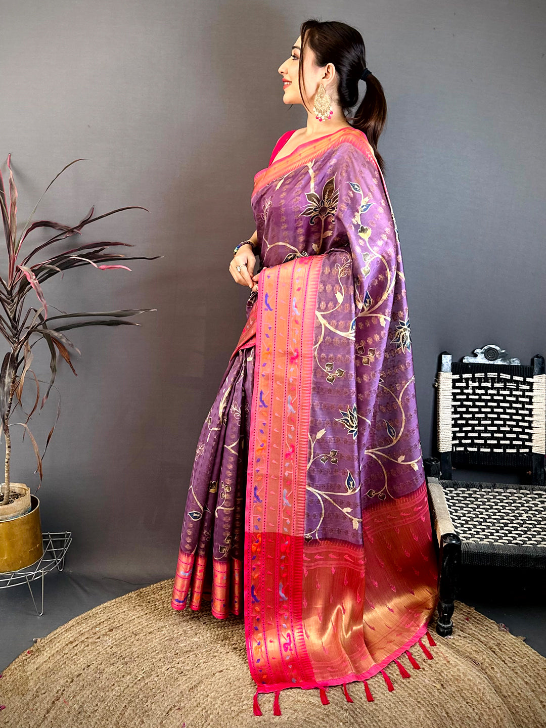 Purple Paithani Border Kora Tissue Saree
