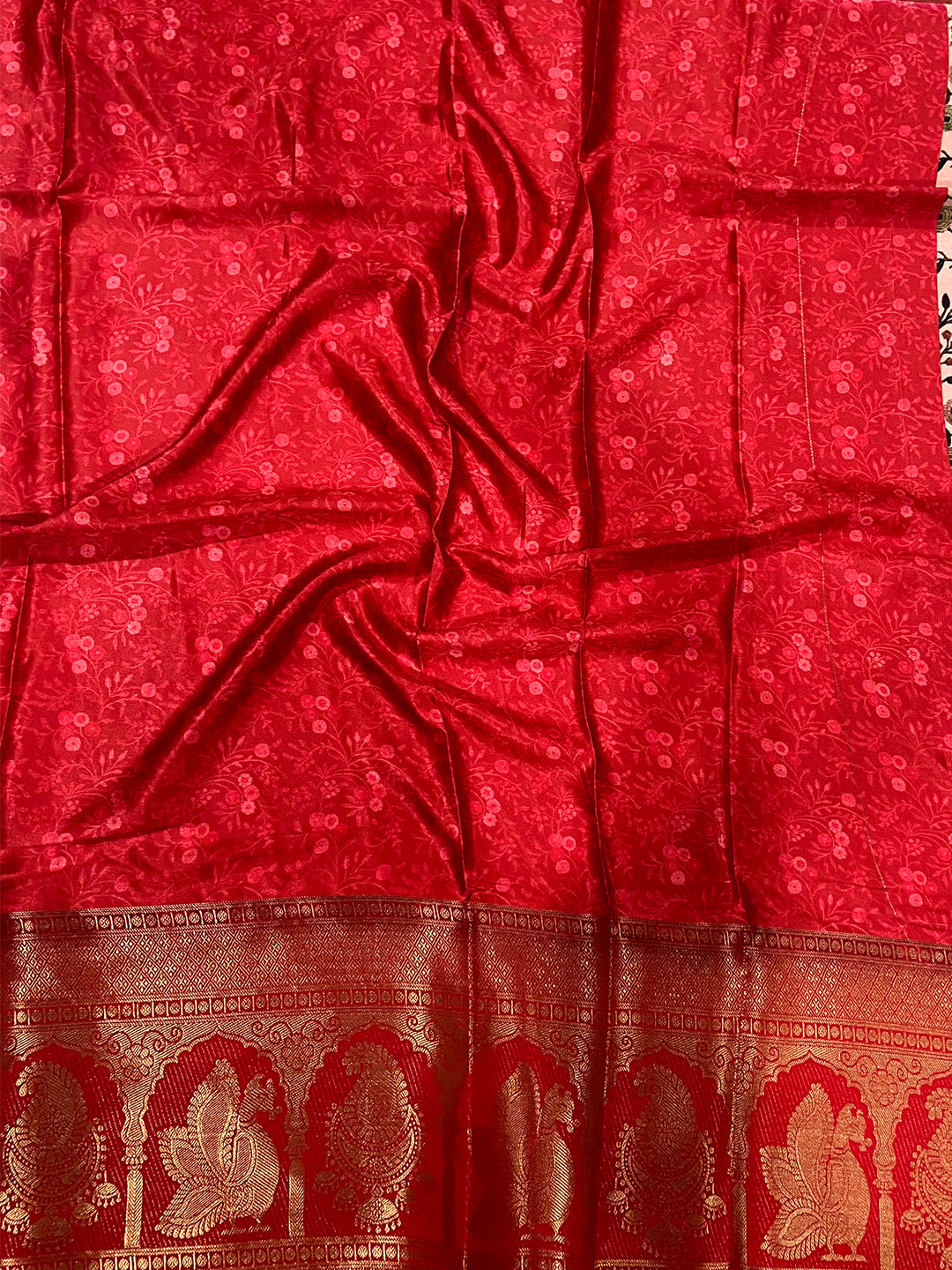Radiant Soft Cherry Satin Kalamkari Print Saree